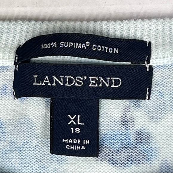 LANDS' END Blue Floral Supima Cotton Crewneck Sweater 3/4 Sleeve Women's XL - Picture 14 of 16